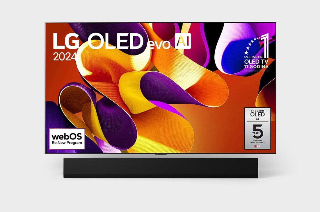 LG OLED evo AI G4 4K Smart TV od 77 inča 2024, Prikaz prednje strane televizora LG OLED evo AI TV, OLED G4, na zaslonu se prikazuje amblem „11 godina najbolji OLED TV na svijetu”, logotip webOS Re:New Program te logotip petogodišnjeg jamstva na pa, OLED77G42LW, thumbnail 7