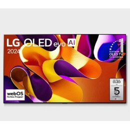 Prikaz prednje strane televizora LG OLED evo AI TV, OLED G4, na zaslonu se prikazuje amblem logotipa „Jedanaest godina najbolji OLED TV na svijetu” i logotip webOS Re:New Program te logotip petogodišn2