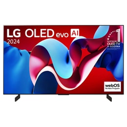 Prikaz prednje strane LG OLED evo AI TV, OLED C4, na zaslonu se prikazuje amblem logotipa „11 godina najbolji OLED TV na svijetu” i logotip opcije webOS Re:New Program2
