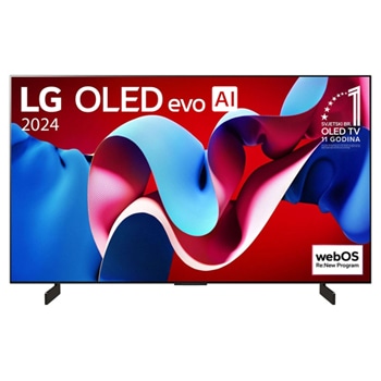 Prikaz prednje strane LG OLED evo AI TV, OLED C4, na zaslonu se prikazuje amblem logotipa „11 godina najbolji OLED TV na svijetu” i logotip opcije webOS Re:New Program1