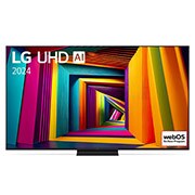 LG UHD AI UT91 4K Smart TV 2024 od 65 inča, Prednji prikaz televizora LG UHD TV, UT90 s tekstom LG UHD AI ThinQ, 2024,. i logotipom operativno sustava webOS Re:New Program na zaslonu, 65UT91003LA, thumbnail 1