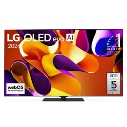 Prikaz prednje strane televizora LG OLED evo AI TV, OLED G4, na zaslonu se prikazuje amblem logotipa „Jedanaest godina najbolji OLED TV na svijetu” i logotip webOS Re:New Program te logotip petogodišn2