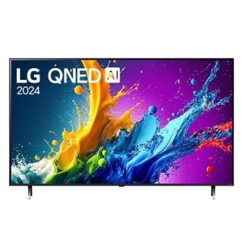 Prednji prikaz televizora LG QNED TV, QNED80 s tekstom LG QNED, 2024,. i logotipom operativno sustava webOS Re:New Program na zaslonu
