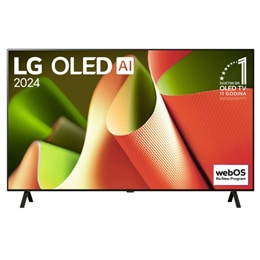 Prikaz prednje strane LG OLED TV, OLED AI B4. na zaslonu se prikazuje amblem „11 godina najbolji OLED TV na svijetu” i logotip webOS Re:New Program sa stalkom koji ima dvije nožice2