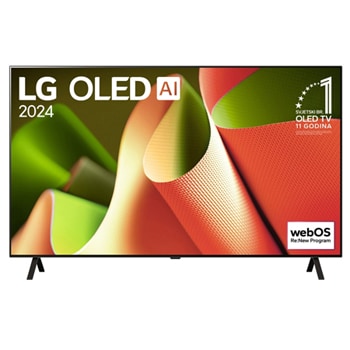 Prikaz prednje strane LG OLED TV, OLED AI B4. na zaslonu se prikazuje amblem „11 godina najbolji OLED TV na svijetu” i logotip webOS Re:New Program sa stalkom koji ima dvije nožice1