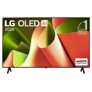 LG OLED AI B4 4K Smart TV od 65 inča 2024, Prikaz prednje strane LG OLED TV, OLED AI B4. na zaslonu se prikazuje amblem „11 godina najbolji OLED TV na svijetu” i logotip webOS Re:New Program sa stalkom koji ima dvije nožice, OLED65B42LA, thumbnail 1