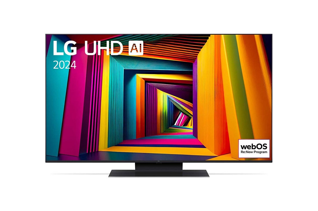 LG Televizor LG UHD AI UT91 4K Smart TV 2024 od 50 inča, Prednji prikaz televizora LG UHD TV, UT90 s tekstom LG UHD AI ThinQ, 2024,. i logotipom operativno sustava webOS Re:New Program na zaslonu, 50UT91003LA