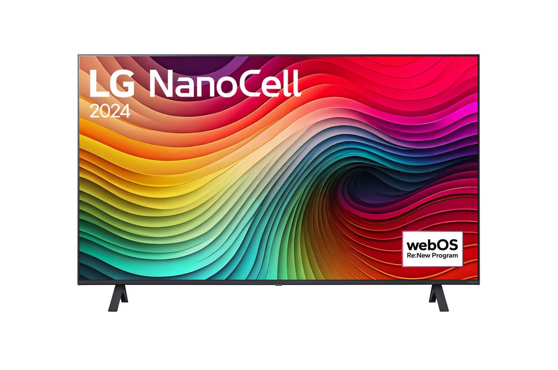 LG NanoCell NANO81 4K Smart TV 2024 od 43 inča, Prednji prikaz televizora LG NanoCell TV, NANO80 s tekstom LG NanoCell, 2024. i logotipom operativno sustava webOS Re:New Program na zaslonu, 43NANO81T3A