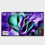 LG Televizor sa značajkom istinskom bežičnom povezivosti LG SIGNATURE OLED M4 True Wireless od 97 inča s bežičnim prijenosom slike i zvuka od 4K 120 Hz , Prikaz prednje strane televizora LG OLED M4 na stalku i kutije za bežično povezivanje Zero Connect Box ispod njega, na zaslonu se prikazuje amblem logotipa „Jedanaest godina najbolji OLED na svijetu” , OLED97M49LA, thumbnail 1