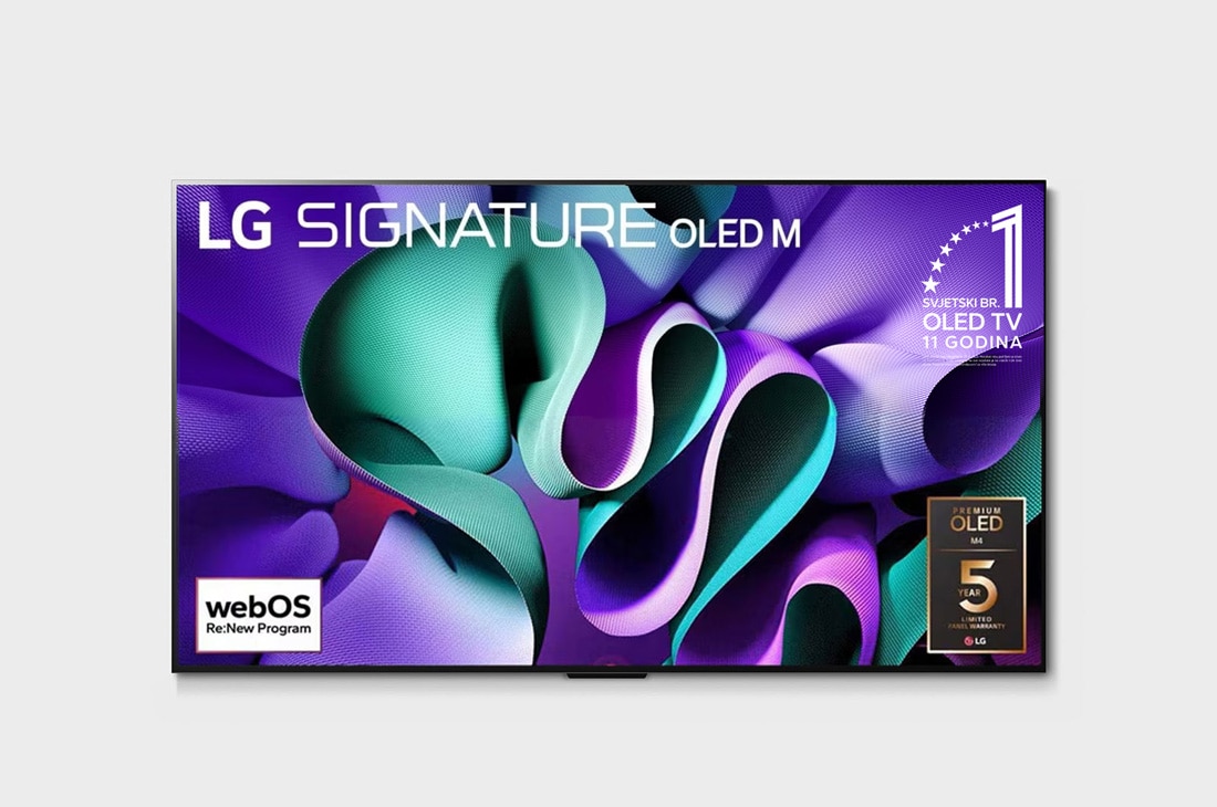 LG Televizor sa značajkom istinskom bežičnom povezivosti LG SIGNATURE OLED M4 True Wireless od 97 inča s bežičnim prijenosom slike i zvuka od 4K 120 Hz , Prikaz prednje strane televizora LG OLED M4 na stalku i kutije za bežično povezivanje Zero Connect Box ispod njega, na zaslonu se prikazuje amblem logotipa „Jedanaest godina najbolji OLED na svijetu” , OLED97M49LA