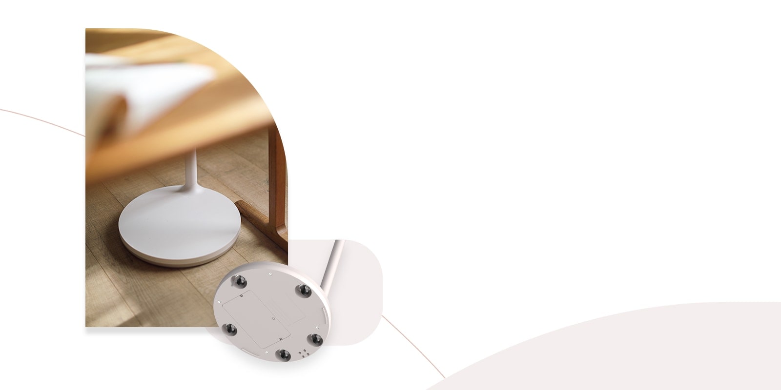 Slika lijevo prikazuje donji dio televizijskog stalka koji se nalazi ispod stola, dok druga slika izbliza prikazuje pet kotačića na dnu televizora.