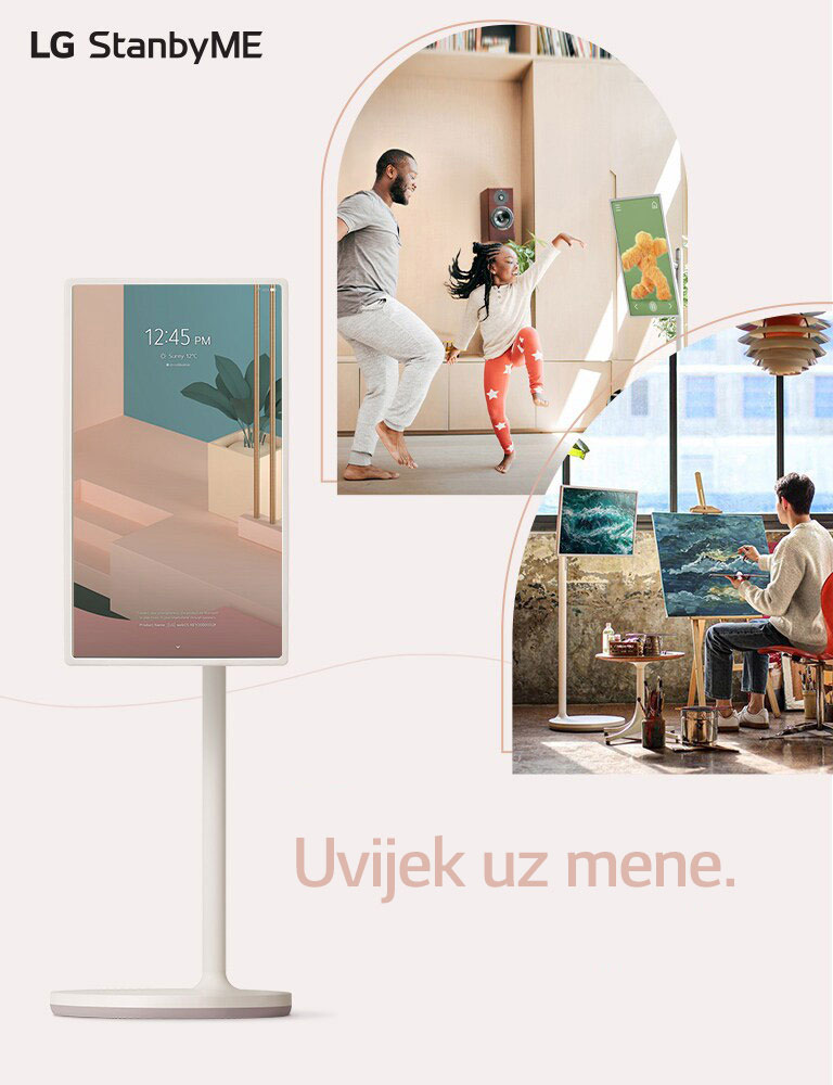 Televizor stoji pored kopije - „Uvijek uz mene”. Kopija je napisana tamno ružičastom bojom. Prikazane su dvije slike različitog uređenog interijera odrezane u zakrivljenim linijama - svaka pokazuje televizor koji se nalazi u radnoj sobi i u dnevnom boravku. Logotip LG StanbyME nalazi se u gornjem desnom uglu radne površine i gornjem lijevom uglu prikaza na mobitelu.