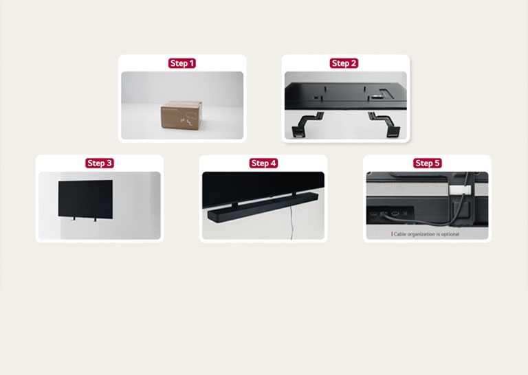 Pet kutija označeno je koracima 1-5 prema brojčanom redoslijedu, svaka kutija prikazuje različiti korak postupka montiranja nosača soundbara.