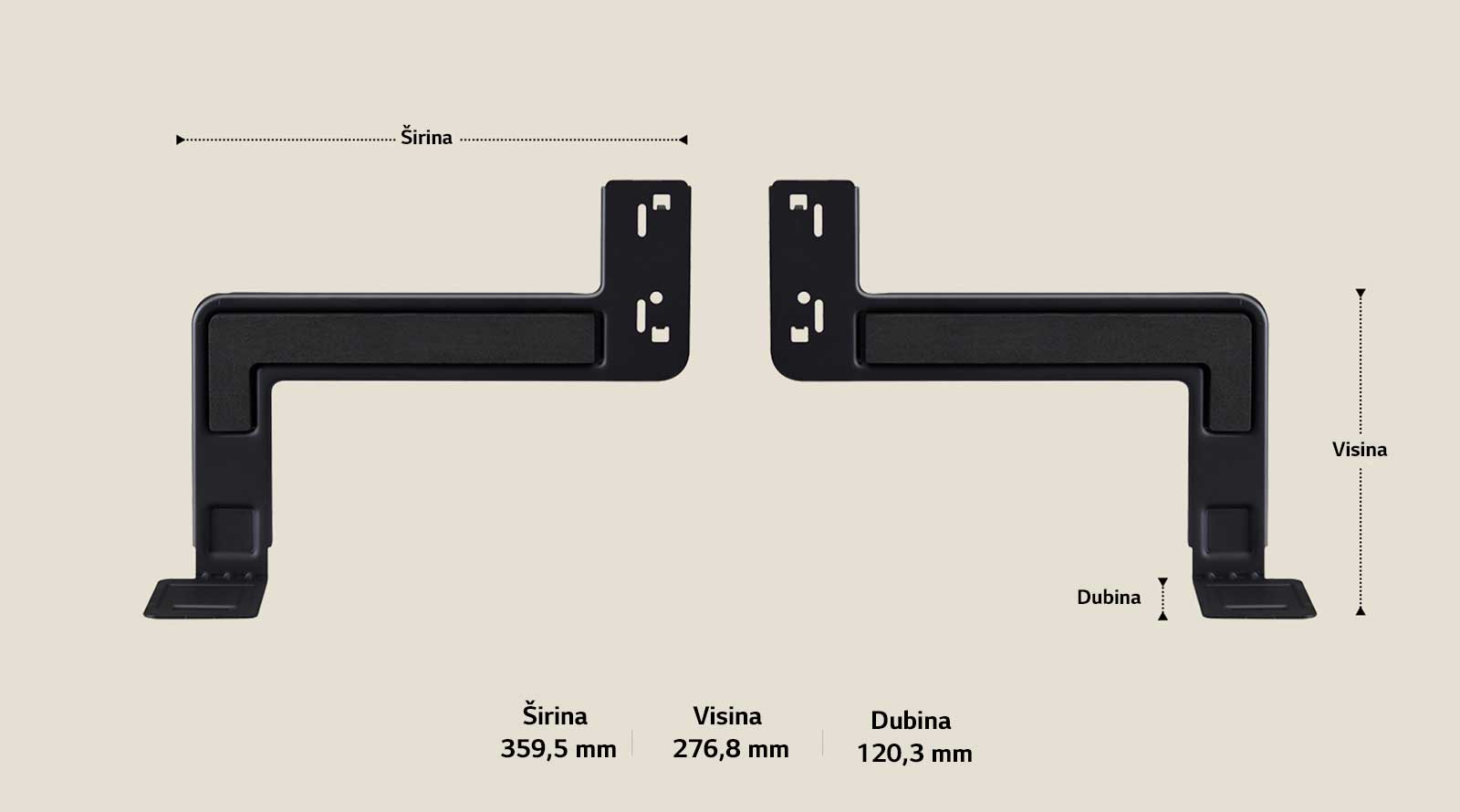 Dva dijela nosača WOW Bracket postavljena vodoravno na bež pozadini. Širina, visina i dubina su označene i prikazane strelicama. Na dnu su navedene sljedeće specifikacije: Širina 359,5 mm, visina 276,8 mm, dubina 120,3 mm.