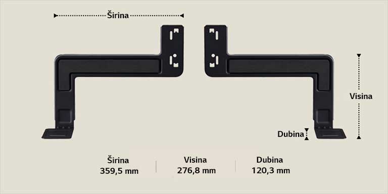 Dva dijela nosača WOW Bracket postavljena vodoravno na bež pozadini. Širina, visina i dubina su označene i prikazane strelicama. Na dnu su navedene sljedeće specifikacije: Širina 359,5 mm, visina 276,8 mm, dubina 120,3 mm.
