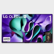 LG Prvi televizor na svijetu sa značajkom istinske bežične povezivosti True Wireless LG OLED evo AI M4 od 83 inča s bežičnim prijenosom slike i zvuka od 4K 144 Hz, Prikaz prednje strane televizora LG OLED M4 na stalku i kutije za bežično povezivanje Zero Connect Box ispod njega, na zaslonu se prikazuje amblem logotipa „Jedanaest godina najbolji OLED na svijetu” , OLED83M49LA, thumbnail 1