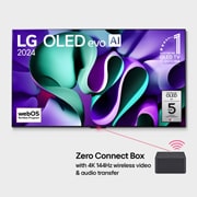LG Prvi televizor na svijetu sa značajkom istinske bežične povezivosti True Wireless LG OLED evo AI M4 od 77 inča s bežičnim prijenosom slike i zvuka od 4K 144 Hz, Prikaz prednje strane televizora LG OLED evo, OLED M4, na zaslonu se prikazuje amblem „11 godina najbolji OLED TV na svijetu”, webOS Re:New Program logotip, logotip 5-godišnjeg jamstva za panel na zas, OLED77M49LA, thumbnail 1
