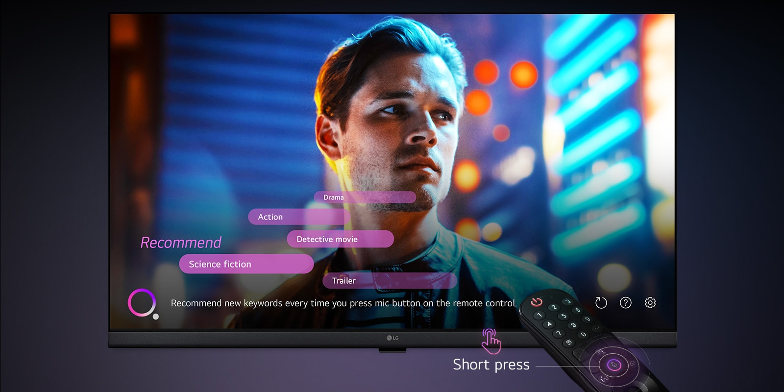  LG HD TV i daljinski upravljač. Gumb mikrofona na daljinskom upravljaču svijetli, a na zaslonu se pojavljuju preporuke ključnih riječi za glasovno pretraživanje.	