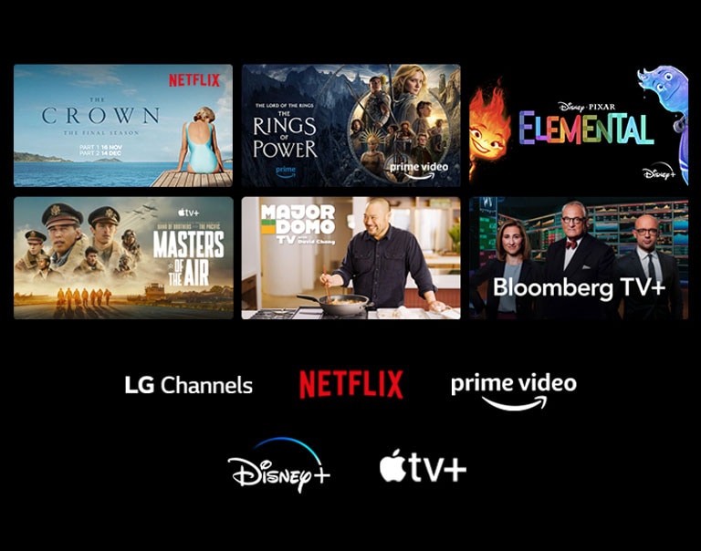 Prikazuje se šest minijatura filmova i televizijskih emisija, a ispod se prikazuju logotipovi LG Channels, Netflix, Prime Video, Disney+i Apple TV.
