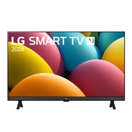 Prednji prikaz LG HD televizora, LR60, na zaslonu se prikazuje tekst LG SMART TV AI i 2024 sa stalkom koji ima dvije nožice2