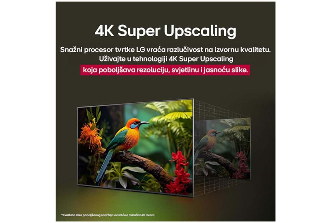 LG Televizor LG NanoCell AI NANO81 4K Smart TV 2025 od 50 inča , Usporedba prije i kasnije kako tehnologija LG 4K Super Upscaling poboljšava kvalitetu slike. Na dva zaslona prikazuje se slika šarene ptice koja sjedi na grani u šumi, desni panel je izblijedio. , 50NANO81A3A, thumbnail 6