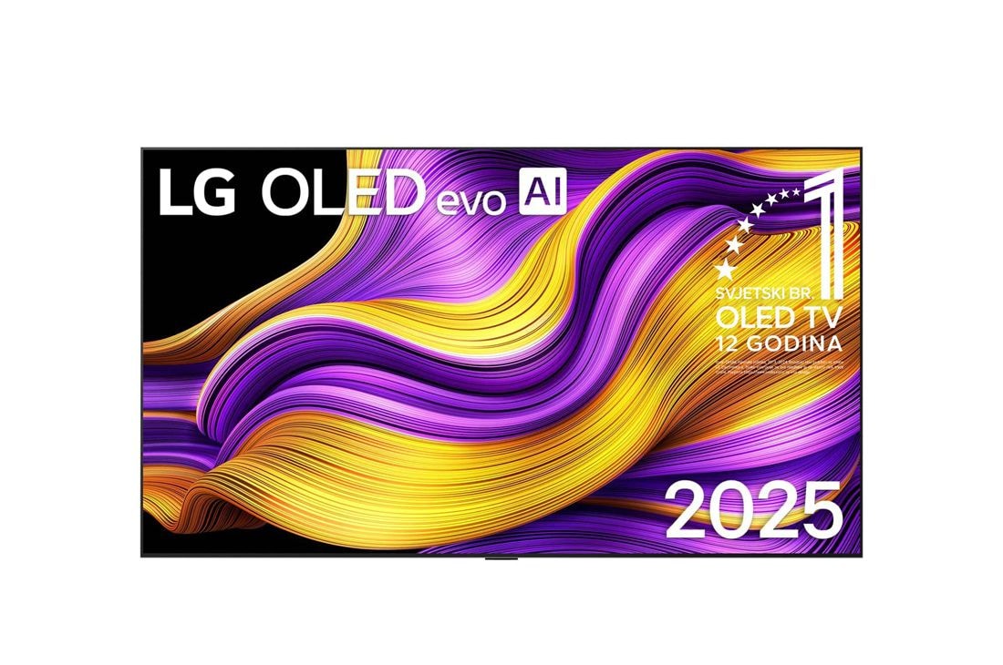 LG  LG OLED evo AI G5 4K Smart TV 2025 od 83 inča, Prednji prikaz televizora LG OLED evo AI G5 4K Smart TV. Na zaslonu se prikazuju amblem „Najbolji OLED na svijetu već 12 godina” i logotip modela LG OLED evo AI 2025., OLED83G51LW