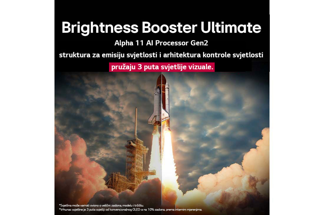 LG OLED evo AI M5 4K Smart TV 2025 od 65 inča, S tla se lansira space shuttle. Scena je podijeljena po sredini, pri čemu je jedna polovica nešto tamnija i mutnija. Druga polovica pokazuje eksploziju potiska rakete koja je nevjerojatno svijetla, po, OLED65M59LA, thumbnail 7