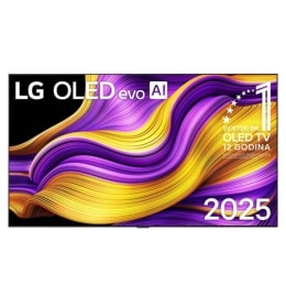 Prednji prikaz televizora LG OLED evo AI G5 4K Smart TV. Na zaslonu se prikazuju amblem „Najbolji OLED na svijetu već 12 godina” i logotip modela LG OLED evo AI 2025.