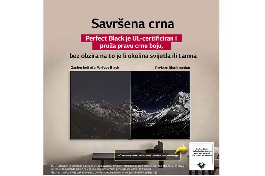 LG OLED AI B5 4K Smart TV 2025 od 77 inča, Dnevni boravak s LG OLED TV koji je montiran na zidu. Na televizoru se prikazuje planinski lanac na tamnom večernjem nebu ispunjenom zvijezdama. Scena je podijeljena na pola. Na jednoj strani je mutni, OLED77B53LA, thumbnail 6