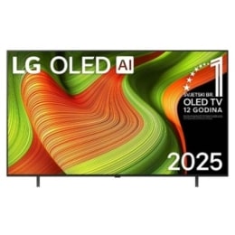 Prednji prikaz televizora LG OLED AI B5 4K Smart TV. Na zaslonu se prikazuju amblem „Najbolji OLED na svijetu već 12 godina” i logotip LG OLED AI 2025.