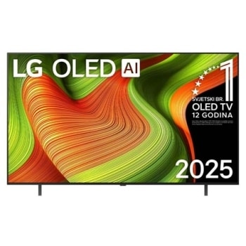 Prednji prikaz televizora LG OLED AI B5 4K Smart TV. Na zaslonu se prikazuju amblem „Najbolji OLED na svijetu već 12 godina” i logotip LG OLED AI 2025.
