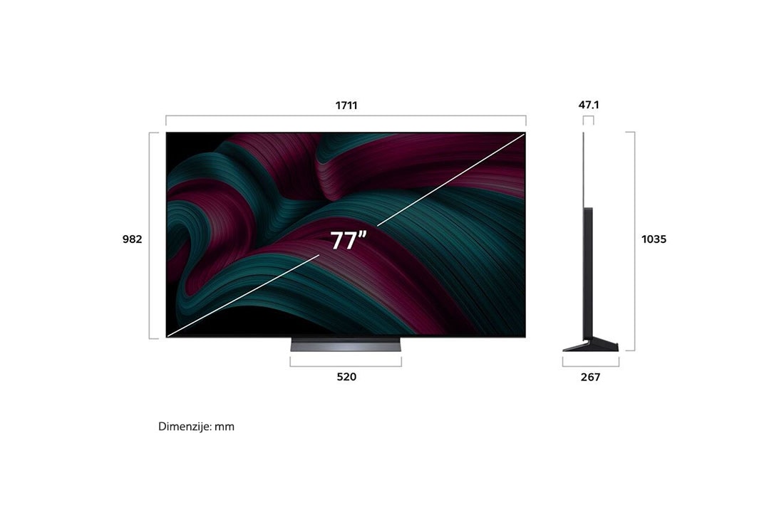 LG  LG OLED evo AI C5 4K Smart TV 2025 od 77 -inča, Prednji i bočni prikaz televizora LG OLED evo AI G5 4K Smart TV koji prikazuje dimenzije njegove duljine, širine, visine i dubine., OLED77C51LA, thumbnail 4