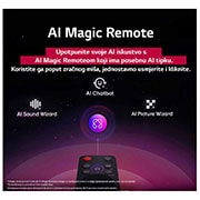 LG Televizor LG NanoCell AI NANO80 4K Smart TV 2025 od 43 inča , U prvo planu je daljinski upravljač LG AI Magic Remote. Označena je ikona UI gumba. U pozadini je prikazano korisničko sučelje operativnog sustava LG webOS UI., 43NANO80A3B, thumbnail 9