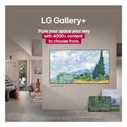 LG  LG OLED evo AI C5 4K Smart TV 2025 od 48 - inča, Unutrašnjost elegantnog doma. Prikazana su razna umjetnička djela. Na središnjem zidu nalazi se televizor LG TV na čijem je zaslonu prikazano umjetničko djelo. Televizor izgleda poput slike iz muzeja., OLED48C51LA, thumbnail 11