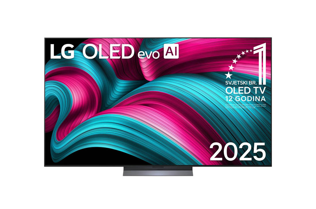 LG  LG OLED evo AI C5 4K Smart TV 2025 od 77 -inča, OLED77C51LA na zaslonu se prikazuju amblem „Najbolji OLED na svijetu već 12 godina” i logotip modela LG OLED evo AI 2025., OLED77C51LA