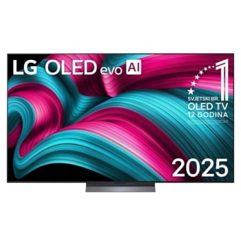 Prednji prikaz televizora LG OLED evo AI G5 4K Smart TV. Na zaslonu se prikazuju amblem „Najbolji OLED na svijetu već 12 godina” i logotip modela LG OLED evo AI 2025.