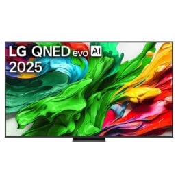 Изглед отпред на LG QNED evo TV, лого LG QNED evo Al Logo в горния ъгъл. LG QNED evo показва цветни текстури на бои, които се съчетават.2
