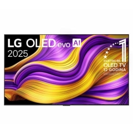 Prednji prikaz televizora LG OLED evo AI G5 4K Smart TV. Na zaslonu se prikazuju amblem „Najbolji OLED na svijetu već 12 godina” i logotip modela LG OLED evo AI 2025.