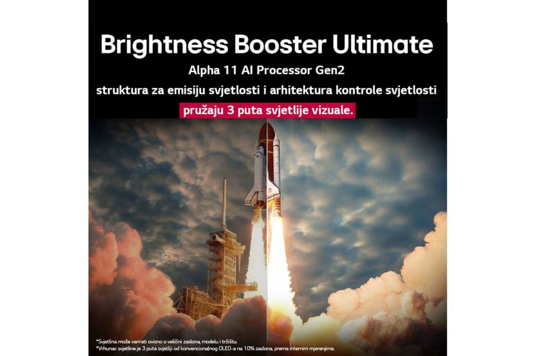 LG  LG OLED evo AI G5 4K Smart TV 2025 od 65 inča, S tla se lansira space shuttle. Scena je podijeljena po sredini, pri čemu je jedna polovica nešto tamnija i mutnija. Druga polovica pokazuje eksploziju potiska rakete koja je nevjerojatno svijetla, po, OLED65G51LW, thumbnail 6