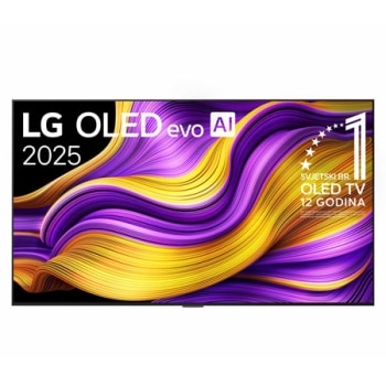 Prednji prikaz televizora LG OLED evo AI G5 4K Smart TV. Na zaslonu se prikazuju amblem „Najbolji OLED na svijetu već 12 godina” i logotip modela LG OLED evo AI 2025.