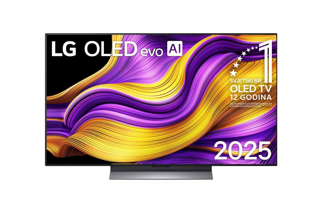 LG  LG OLED evo AI G5 4K Smart TV 2025 od 48 inča, Prednji prikaz televizora LG OLED evo AI G5 4K Smart TV. Na zaslonu se prikazuju amblem „Najbolji OLED na svijetu već 12 godina” i logotip modela LG OLED evo AI 2025., OLED48G53LS