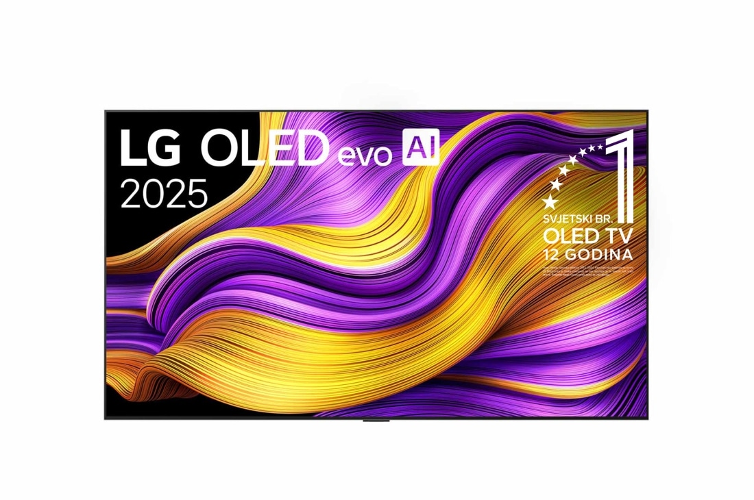 LG  LG OLED evo AI G5 4K Smart TV 2025 od 97 inča, Prednji prikaz televizora LG OLED evo AI G5 4K Smart TV. Na zaslonu se prikazuju amblem „Najbolji OLED na svijetu već 12 godina” i logotip modela LG OLED evo AI 2025., OLED97G51LW