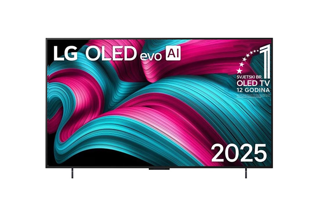 LG OLED evo AI C5 4K Smart TV 2025 od 42 -inča, Prednji prikaz televizora LG OLED evo AI C5 4K Smart TV. Na zaslonu se prikazuju amblem „Najbolji OLED na svijetu već 12 godina” i logotip modela LG OLED evo AI 2025., OLED42C51LA