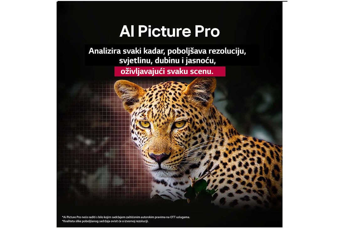 LG OLED evo AI C5 4K Smart TV 2025 od 42 -inča, Leopard u šumi prikazan u živopisnim bojama i pojedinostima. Na leopardu je mreža i svjetlo koje svijetli iza nje, označavajući kako značajka za poboljšanje kvalitete slike pomoću umjetne inteligencij, OLED42C51LA, thumbnail 7