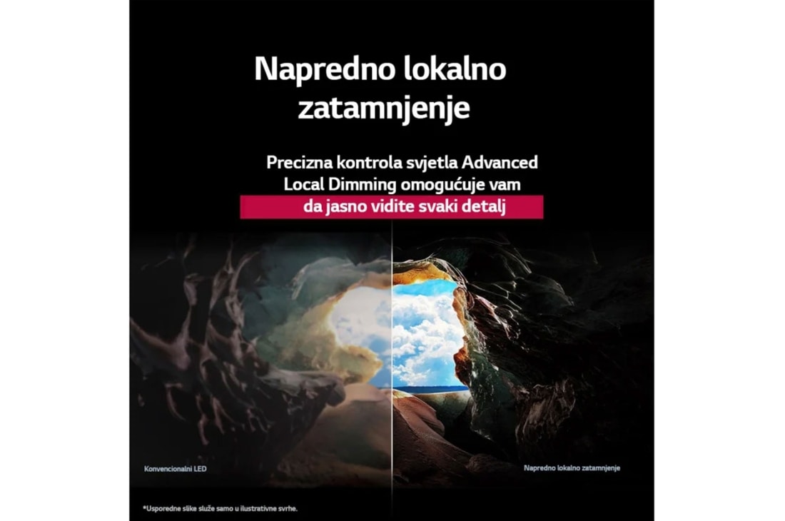 LG Televizor LG QNED AI QNED80 4K Smart TV 2025 od 75 inča, Krajobrazna slika špilje koja gleda u vedro plavo nebo podijeljena je po sredini, pri čemu je jedan polovica slike koja je izblijedjela, a druga polovica ima oštar kontrast. Dolje lijevo je sličica ka, 75QNED80A3A, thumbnail 8