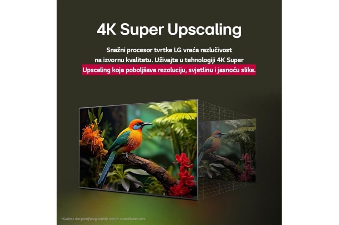 LG Televizor LG QNED AI QNED80 4K Smart TV 2025 od 65 inča, Usporedba prije i kasnije kako tehnologija LG 4K Super Upscaling poboljšava kvalitetu slike. Na dva zaslona prikazuje se slika šarene ptice koja sjedi na grani u šumi, desni panel je izblijedio. Naslo, 65QNED80A3A, thumbnail 7
