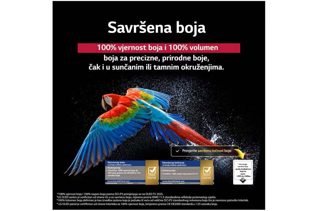 LG  LG OLED evo AI C5 4K Smart TV 2025 od 48 - inča, Blještavi vatrometi jarkih boja prikazani su na zaslonu televizora. Ovo prikazuje vjerodostojnost boje od 100 % te istinske boje čak i na sunčevom svjetlu.  Vidljiv je i logotip certifikacije, tehnolo, OLED48C51LA, thumbnail 7