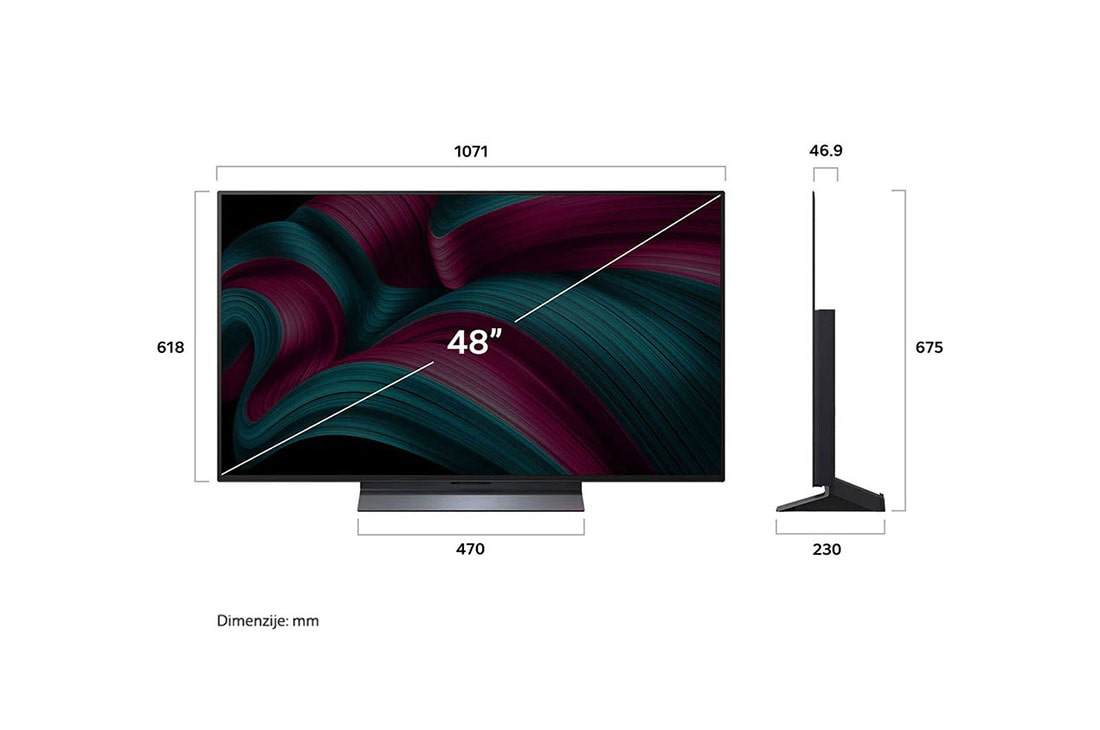 LG  LG OLED evo AI C5 4K Smart TV 2025 od 48 - inča, Prednji i bočni prikaz televizora LG OLED evo AI G5 4K Smart TV koji prikazuje dimenzije njegove duljine, širine, visine i dubine., OLED48C51LA, thumbnail 4