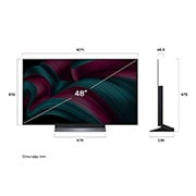 LG  LG OLED evo AI C5 4K Smart TV 2025 od 48 - inča, Prednji i bočni prikaz televizora LG OLED evo AI G5 4K Smart TV koji prikazuje dimenzije njegove duljine, širine, visine i dubine., OLED48C51LA, thumbnail 4