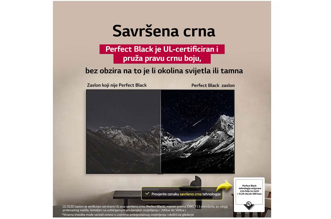 LG  LG OLED evo AI C5 4K Smart TV 2025 od 55 - inča, Dnevni boravak s televizorom LG OLED TV koji je montiran na zidu. Na televizoru se prikazuje planinski lanac na tamnom večernjem nebu ispunjenom zvijezdama. Scena je podijeljena na pola. Na jednoj str, OLED55C51LA, thumbnail 7